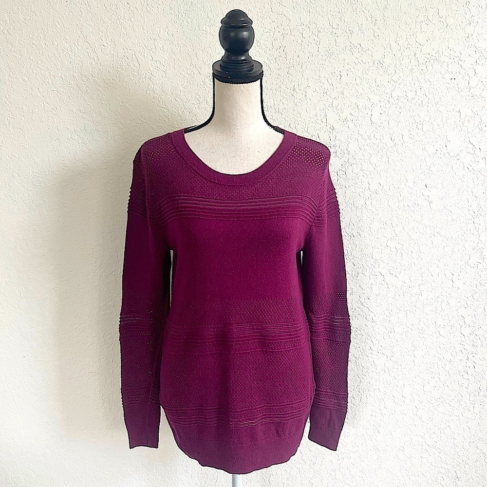 41 HAWTHORN STITCH FIX Red Burgundy Sweater Scoop Neck Striped Cut Out Mesh XS